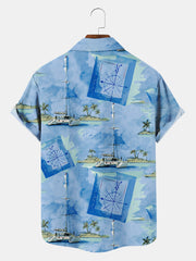 Fydude Men'S Tropical Island Coconut Tree Sailboat And Compass Painting Printed Shirt
