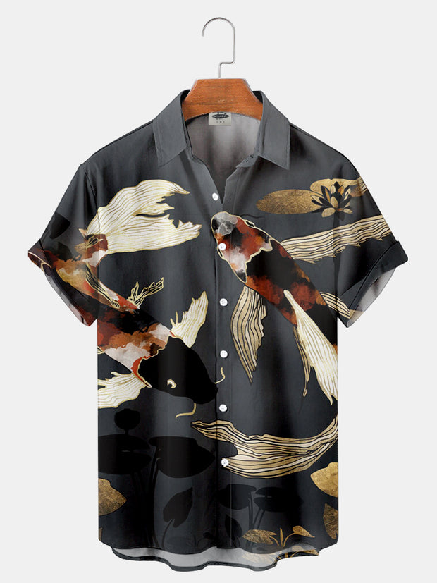 Fydude Men'S Gilded Ukiyo-E Oriental Koi Printed Shirt