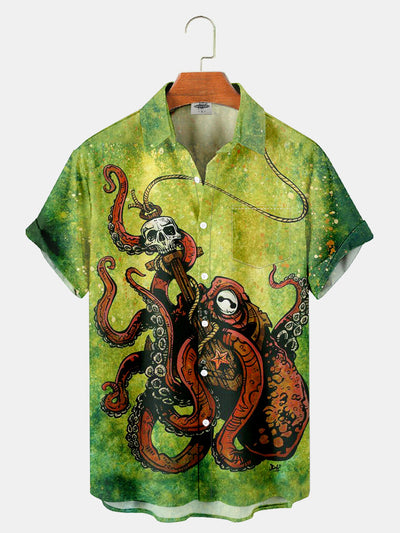 Fydude Men'S Skull Day Of The Dead Octopus And Guitar Printed Shirt
