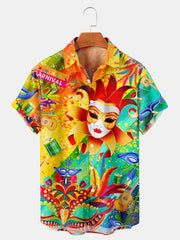Fydude Men'S Mardi Gras Mask Print Short Sleeve Shirt