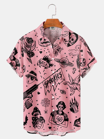 Fydude Men'S Pink Halloween Spookies Printed Shirt
