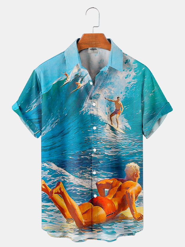 Fydude Men'S Vintage Surfing Poster Printed Shirt