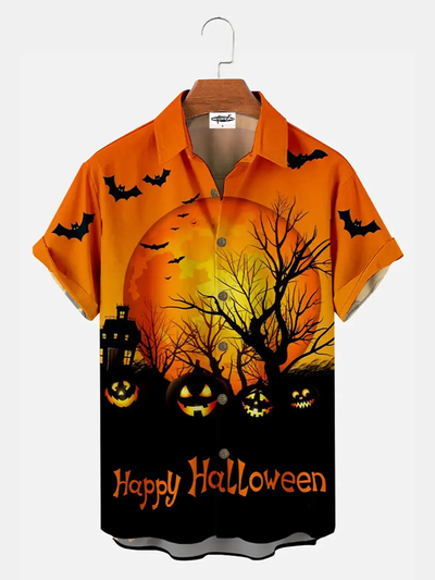Men's Halloween Moon and Pumpkins Short Sleeve Shirt