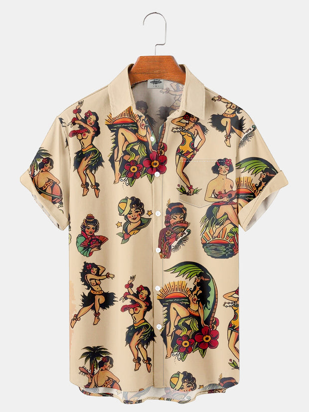 Fydude Men'S Vintage Hula Girl Printed Shirt