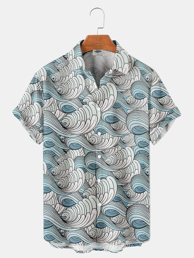 Fydude Men'S Ukiyoe Sea Waves Printed Shirt