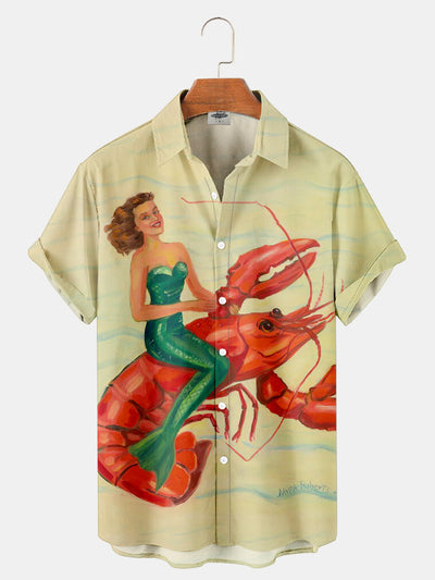 Fydude Men'S Ocean Vintage Pin Up Girl Mermaid And Lobster Printed Shirt