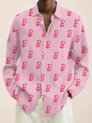 Fydude Men'S Pink Ken Same Style K&B Print Cotton Linen Long Sleeves Shirt