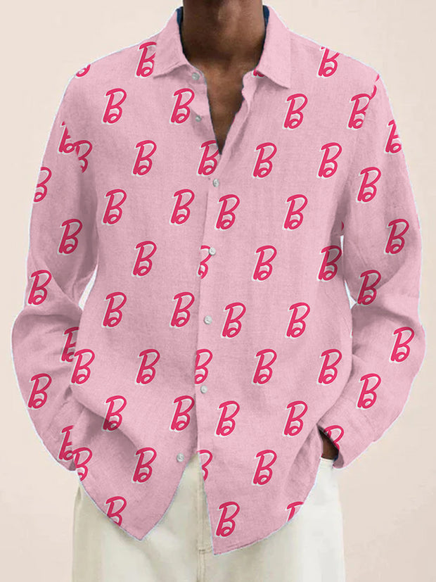 Fydude Men'S Pink Ken Same Style K&B Print Cotton Linen Long Sleeves Shirt