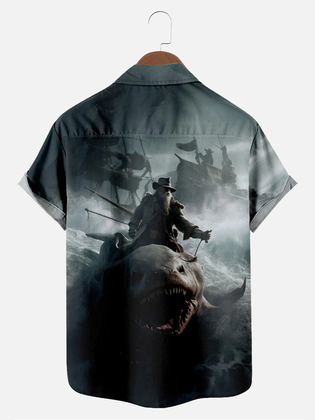 Men's Pirate Shark Rider Fantasy Short Sleeve Shirt