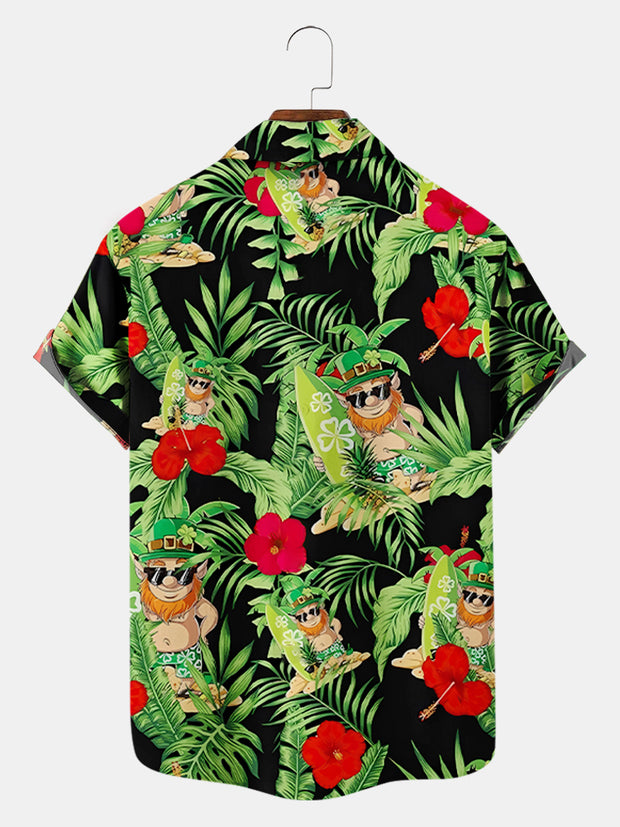 Fydude Men'S St. Patrick'S Day Hawaiian Plants And Faeries Print Short Sleeve Shirt
