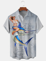 Fydude Men'S Ocean Swordfish Boat Girl Printed Shirt