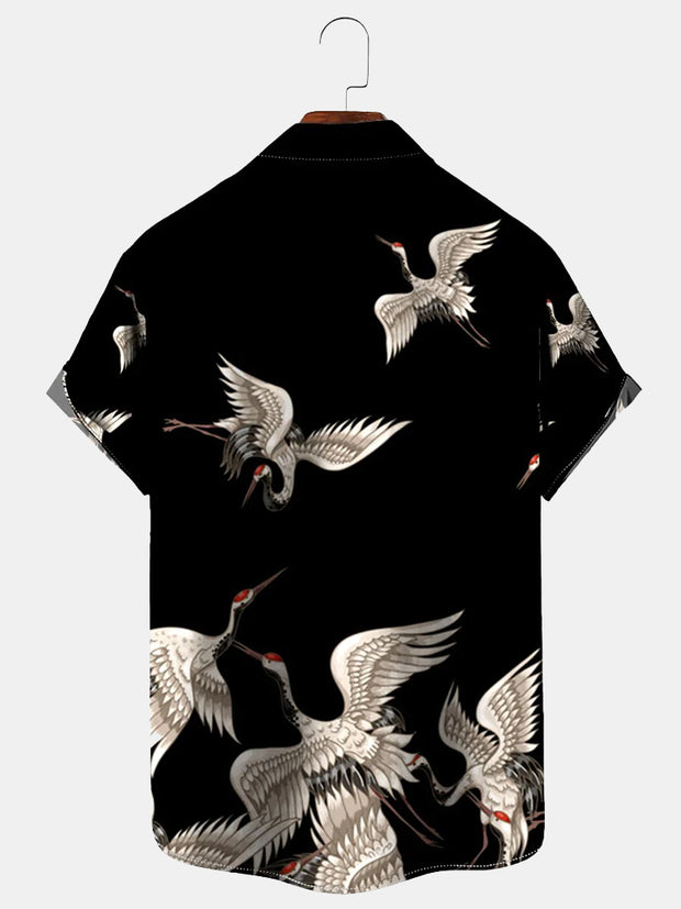 Fydude Men'S Ukiyo-E Oriental Crane Printed Shirt