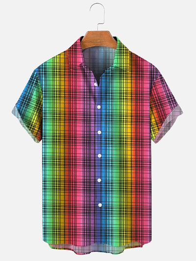Fydude Men's Rainbow Plaid Casual Short Sleeve Shirt