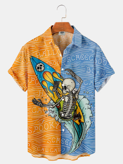 Fydude Men'S Halloween Color Patchwork Surf Skull Printed Shirt