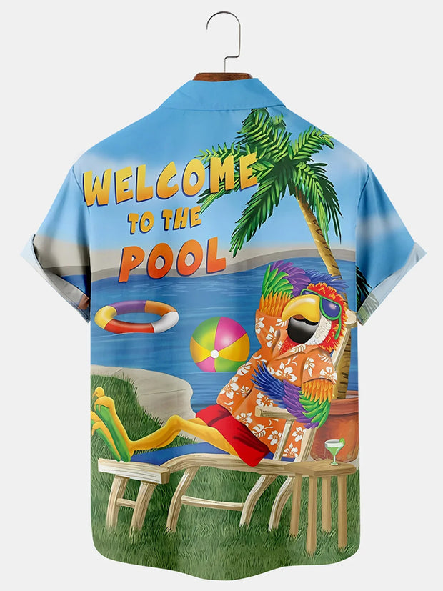 Fydude Men'S WELCOME TO THE POOL Vacation Parrot Printed Shirt