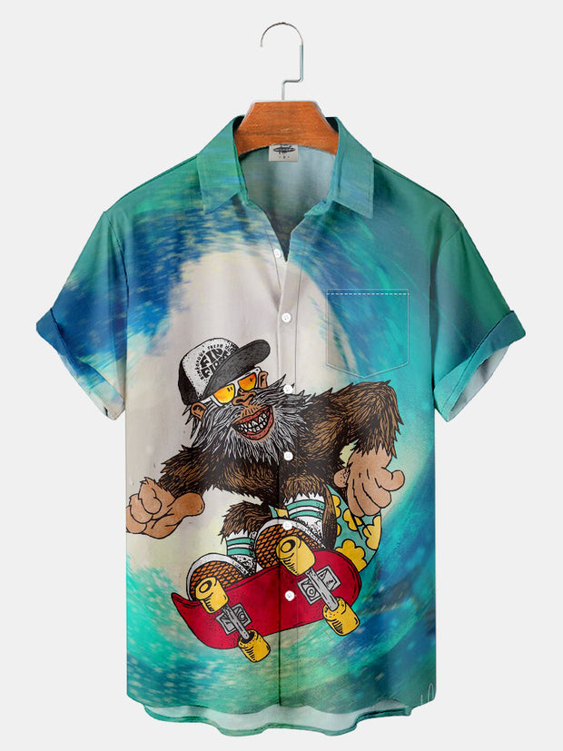 Fydude Men'S Bigfoot Skateboard On The Waves Printed Shirt