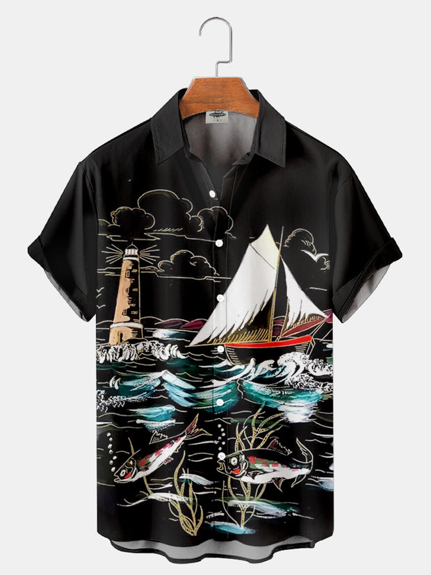 Fydude Men'S Hawaiian Surf Sailing Lighthouse And Fish Printed Shirt