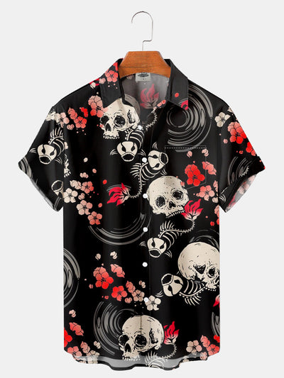 Fydude Men'S Halloween Ukiyo-e Sakura Skull and Skull Koi Printed Shirt