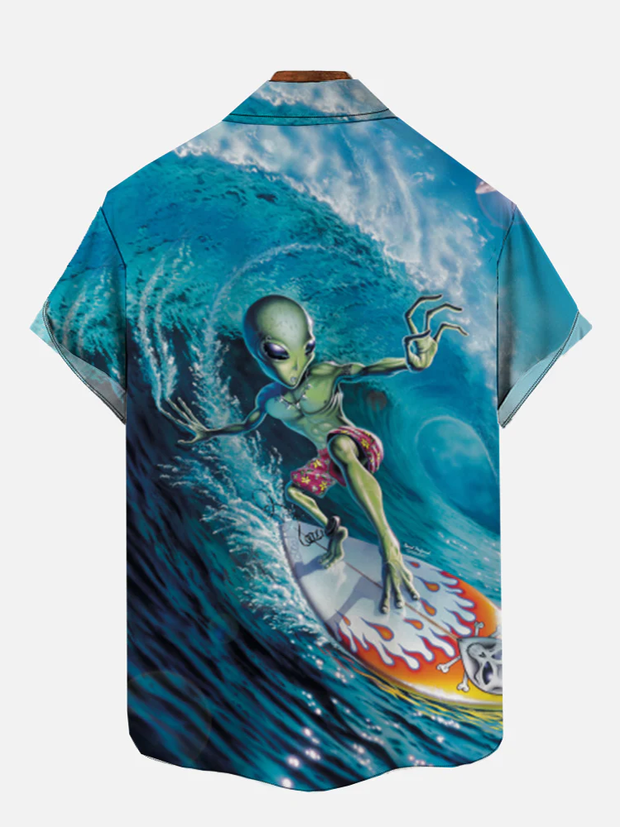 Fydude Men's Alien Surfing Casual Print Short Sleeve Shirt