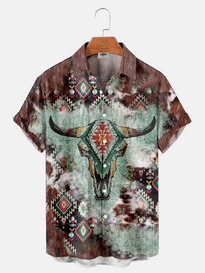 Fydude Men'S Western Cowboy Vintage Cow Head Print Shirt