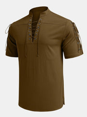 Fydude Cotton linen Short Sleeve Tie Hippie V-Neck Solid T-Shirt