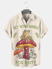 Fydude Men's Vintage Mushroom Frog Print Casual Short Sleeve Shirt