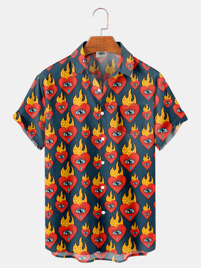 Fydude Men'S Valentine'S Day Love Crying Eyes Fire Print Short Sleeve Shirt