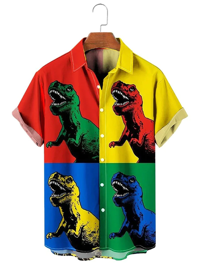 Fydude Men's Casual Dinosaur Short Sleeve Shirt