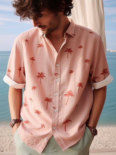 Fydude Men'S Valentine's Day Pink Coconut Tree Print Cotton And Linen Shirt