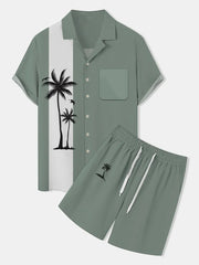 Fydude Men'S Casual Holiday Coconut Tree Print Hawaiian Shirt Set