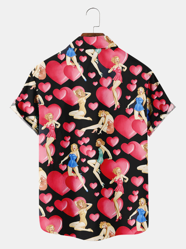 Fydude Men'S Valentine's Day Love Pin Up Girl Print Short Sleeve Shirt