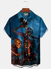 Halloween Skull Cartoon Print Men's Chest Pocket Stretch Shirt Big Tall