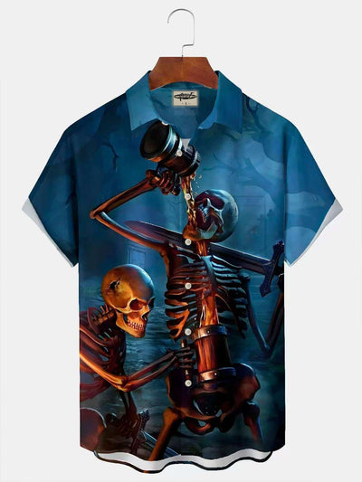 Halloween Skull Cartoon Print Men's Chest Pocket Stretch Shirt Big Tall