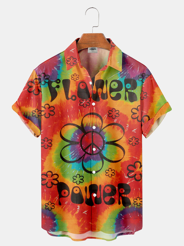 Fydude Men'S Hawaiian Hippie FLOWER POWER Tie-Dye Printed Shirt