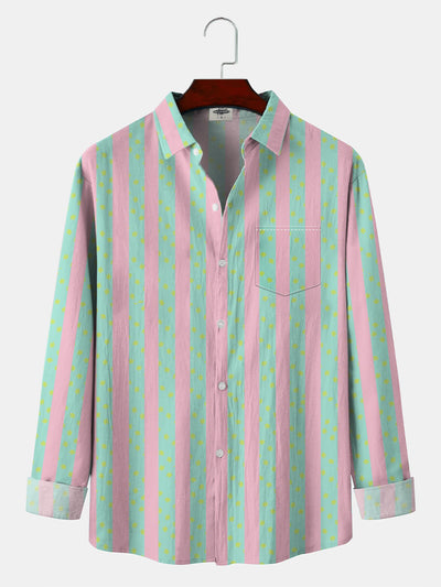 Fydude Men'S Pink Ken Same Style Stripe Print Cotton Linen Long Sleeves Shirt
