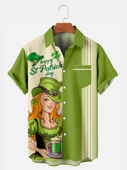 Fydude Men'S St. Patrick'S Day Pin Up Girl Beer Print Short Sleeve Shirt
