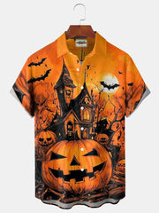 Vintage Halloween Pumpkin Castle Print Men's Button Pocket Long Sleeve Lapel Shirt Big & Tall