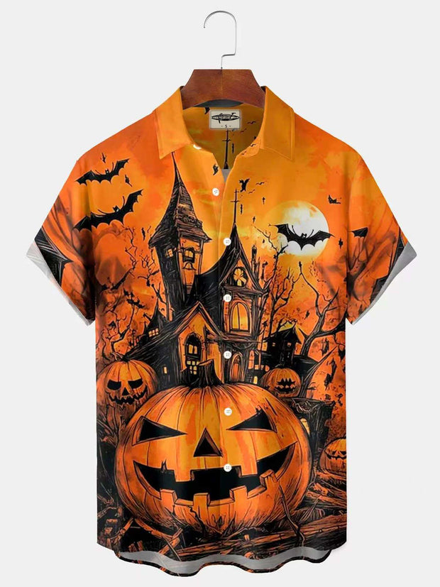 Vintage Halloween Pumpkin Castle Print Men's Button Pocket Long Sleeve Lapel Shirt Big & Tall