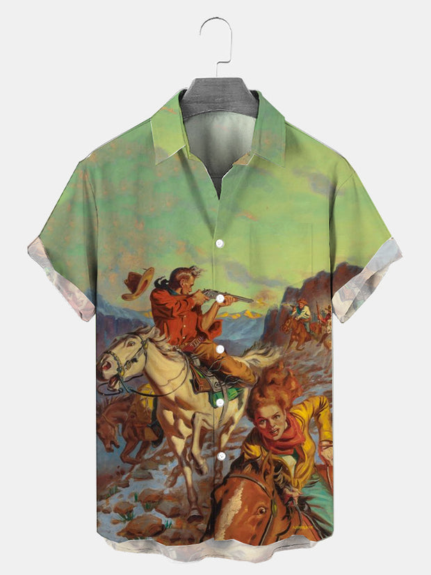 Fydude Men's Western cowboy Print Shirt