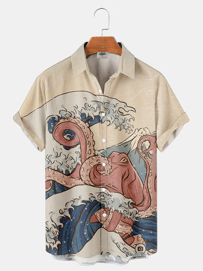 Men'S Ukiyo-E Waves And Octopus Printed Shirt