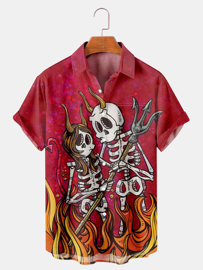 Fydude Men'S Valentine'S Day Skeleton Love And Fire Print Short Sleeve Shirt