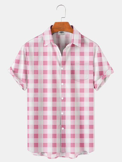 Fydude Men'S KEN Same Style Beach Pink Plaid Printed Shirt