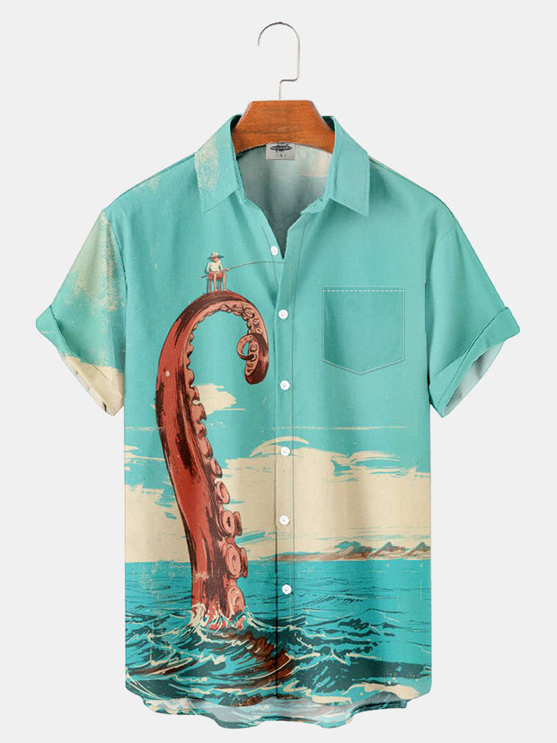 Fydude Men'S Blue Octopus Foot Fishing Printed Shirt