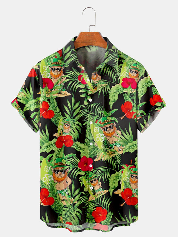 Fydude Men'S St. Patrick'S Day Hawaiian Plants And Faeries Print Short Sleeve Shirt