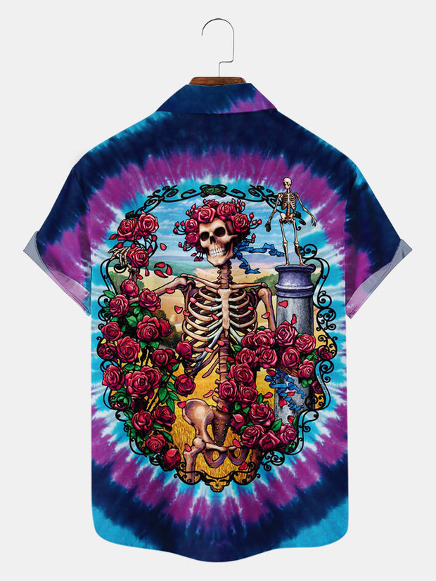 Fydude Men'S Halloween Tie-Dye Rose Skull Printed Shirt