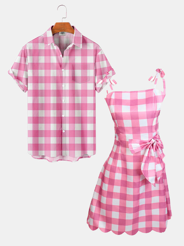 Men'S Pink White Plaid Printed Couple Shirt And Dress