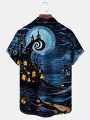 Halloween Castle Print Casual Stylish Hawaiian Shirt Summer Shirts Pocket Short Sleeve Shirt Big Tall