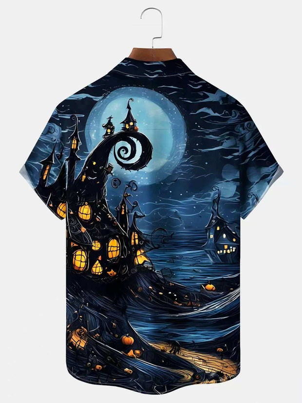 Halloween Castle Print Casual Stylish Hawaiian Shirt Summer Shirts Pocket Short Sleeve Shirt Big Tall