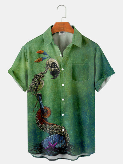 Fydude Men'S Halloween Day Of The Dead Octopus And Skeleton Parrot Printed Shirt