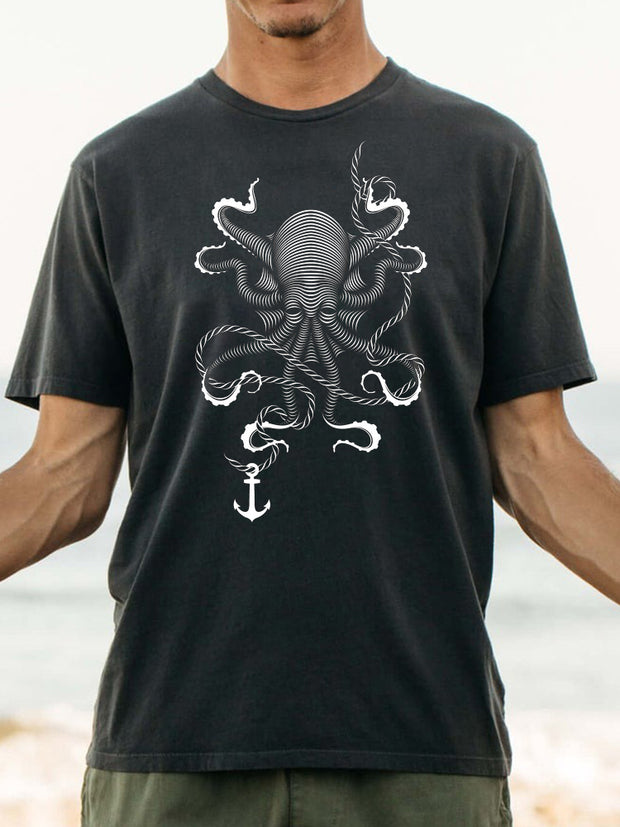 Fydude Men'S Octopus And Anchor Printed Combed Cotton T-Shirt
